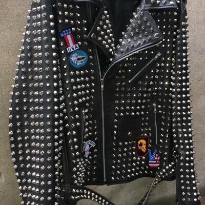 Crafted leather new mens punk rock full silver studded patches black leather jacket - Thumbnail 2
