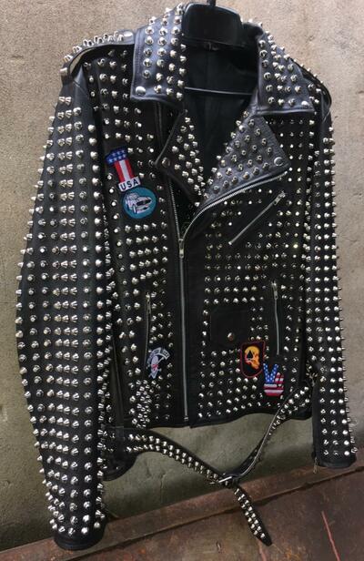 Crafted Leather New Mens Punk Rock Full Silver Studded Patches Black Leather Jacket