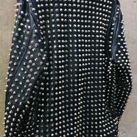 Crafted Leather New Mens Punk Rock Full Silver Studded Patches Black Leather Jacket - Thumbnail 1