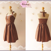 Vintage Style Dress Brown Party Dress Polka Dot Dress Party Dress Brown Bridesmaid Dress - Size XS,S,M,L,XL - - Thumbnail 3