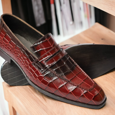 Handmade man's red alligator leather penny loafer shoes - Thumbnail 1