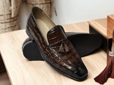 Handmade Men's Brown Alligator Leather Tassle Shoes