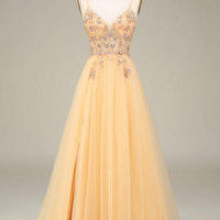 Charming Golden A Line Spaghetti Straps Long Prom Dress With Beading KPP1744 - Thumbnail 1