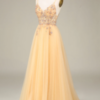 Charming Golden A Line Spaghetti Straps Long Prom Dress With Beading KPP1744 - Thumbnail 2