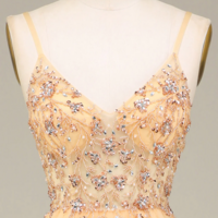 Charming Golden A Line Spaghetti Straps Long Prom Dress With Beading KPP1744 - Thumbnail 3
