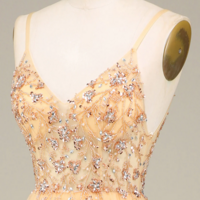 Charming Golden A Line Spaghetti Straps Long Prom Dress With Beading KPP1744 - Thumbnail 5