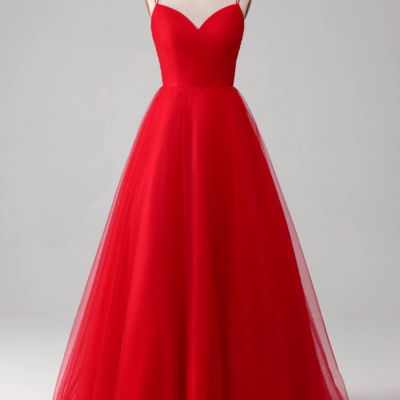 Red ball gown princess v neck tulle pleated long prom dress kpp1745