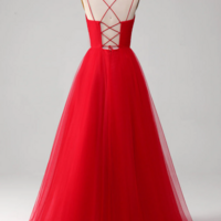 Red Ball Gown Princess V Neck Tulle Pleated Long Prom Dress KPP1745 - Thumbnail 1
