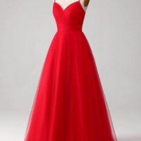 Red Ball Gown Princess V Neck Tulle Pleated Long Prom Dress KPP1745 - Thumbnail 2