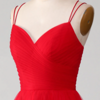 Red Ball Gown Princess V Neck Tulle Pleated Long Prom Dress KPP1745 - Thumbnail 5