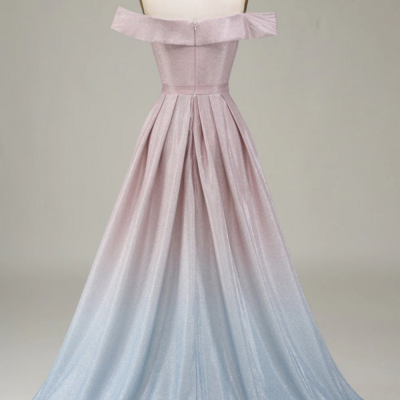 Sparkly gradient grey pink a line off the shoulder pleated prom dress kpp1746