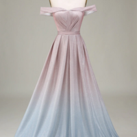 Sparkly Gradient Grey Pink A Line Off The Shoulder Pleated Prom Dress KPP1746 - Thumbnail 1