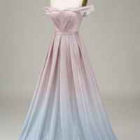 Sparkly Gradient Grey Pink A Line Off The Shoulder Pleated Prom Dress KPP1746 - Thumbnail 3
