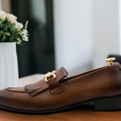 Handmade men's brown leather fringe horse bit loafer shoes - Thumbnail 1