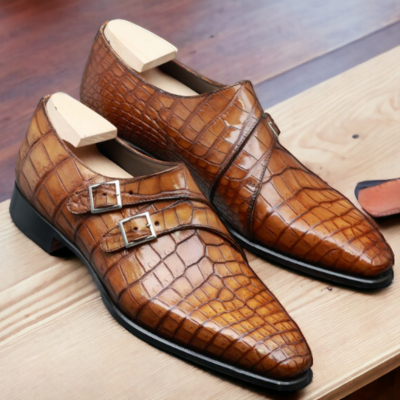 Handmade men's alligator leather double buckle dress shoes - Thumbnail 2