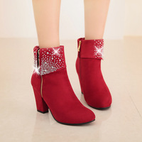 Large size high heel thick heel rhinestone short boots women's wedding boots 3 colors - Thumbnail 1
