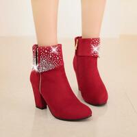 Large size high heel thick heel rhinestone short boots women's wedding boots 3 colors - Thumbnail 4