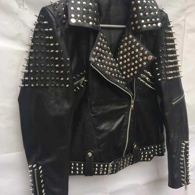 Crafted leather women punk black studded spike sliver studs jacket 