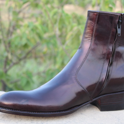 Crafted leather brown patent side zipper cowboy long boot