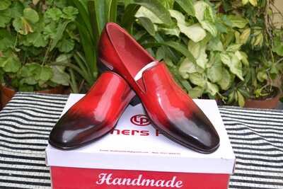 Crafted Leather Handmade Men Red Patent Loafers Dress Shoes