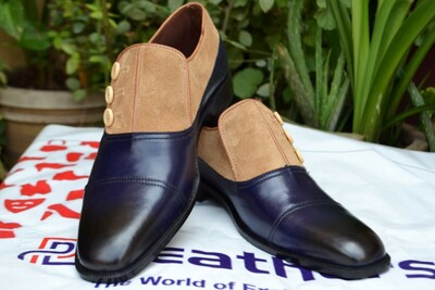 Crafted Leather Brown Suede Blue Leather Button Loafer Dress Shoes