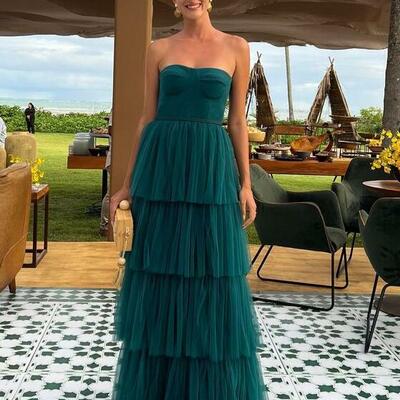 A line dark green long tulle prom dresses