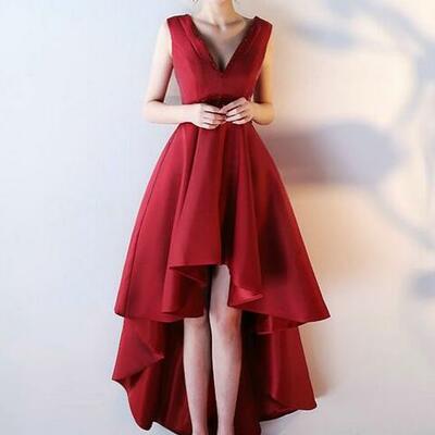 Simple red v-neck satin prom dresses - Thumbnail 2