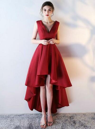 Simple Red V-neck Satin Prom Dresses