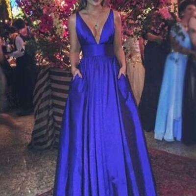 A line v-neckline royal blue evening dresses - Thumbnail 4