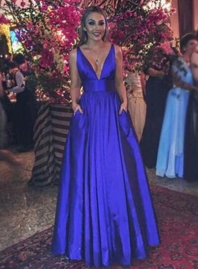 A Line V-neckline Royal Blue Evening Dresses