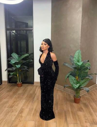 Halter A Line Black Sequin Prom Dresses