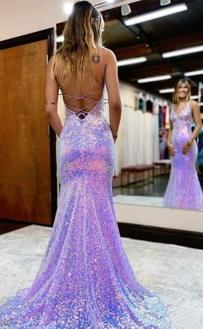 Sparkly Plunging V-Neck Sequins Prom Dresses