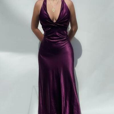 Simple halter purple long party dress - Thumbnail 2