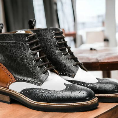 Handmade men's four tone leather wing tip lace up ankle boot; - Thumbnail 1