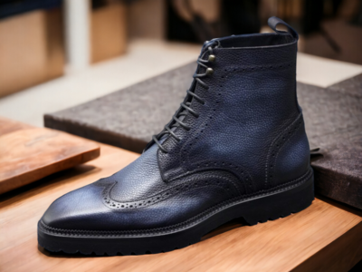 Handmade Men's Blue Leather Lace up Wing tip Ankle Boot