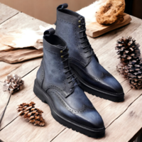 Handmade Men's Blue Leather Lace up Wing tip Ankle Boot - Thumbnail 1