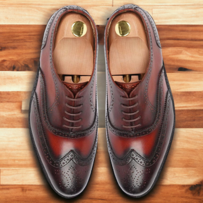 Handmade men's twotone leather lace up wing tip dress shoes - Thumbnail 1