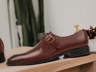 Handmade Men's Brown Leather Buckle Shoes