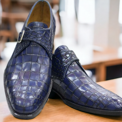 Handmade men's blue alligator leather buckle dress shoes - Thumbnail 2