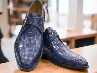 Handmade Men's Blue Alligator Leather Buckle Dress Shoes