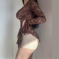 Solid Color Lace Hollow Low Neck Long Sleeve Hip Cover Skirt - Thumbnail 4