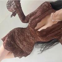 Solid Color Lace Hollow Low Neck Long Sleeve Hip Cover Skirt - Thumbnail 7