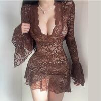 Solid Color Lace Hollow Low Neck Long Sleeve Hip Cover Skirt - Thumbnail 9