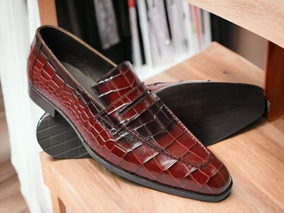 Handmade man's Red Alligator Leather Penny Loafer Shoes