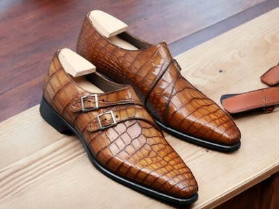 Handmade Men's Alligator Leather Double Buckle Dress Shoes