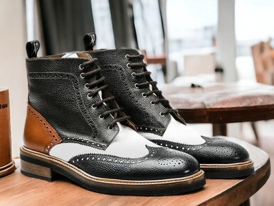 Handmade Men's Four tone Leather Wing tip Lace up Ankle Boot
