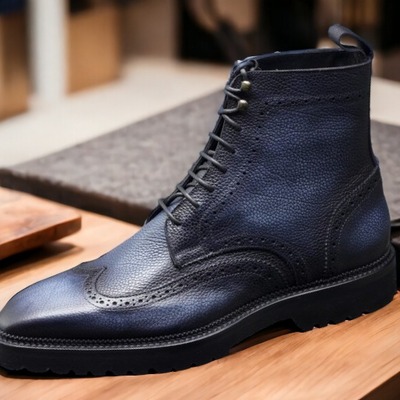 Handmade men's blue leather lace up wing ip ankle boot