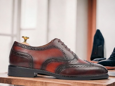 Handmade Men's Two Tone Leather Lace up Wing Tip Dress shoes