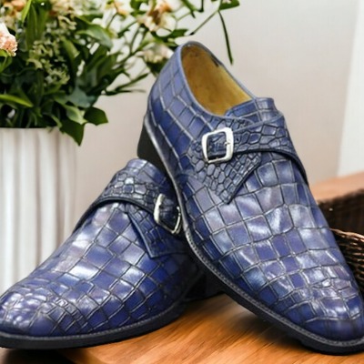 Handmade men's blue alligator leather buckle dress shoes