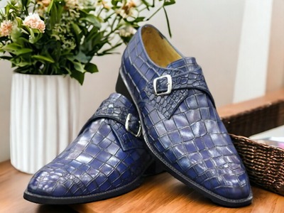 Handmade Men's Blue Alligator Leather Buckle Dress Shoes